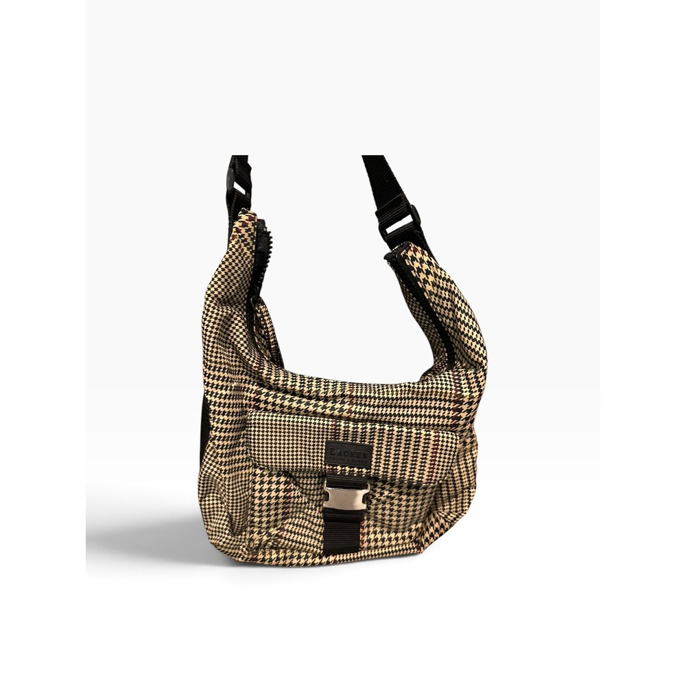 Lauren Ralph Lauren Houndstooth Nylon Shoulder Bag Tan Black Buckle Hobo